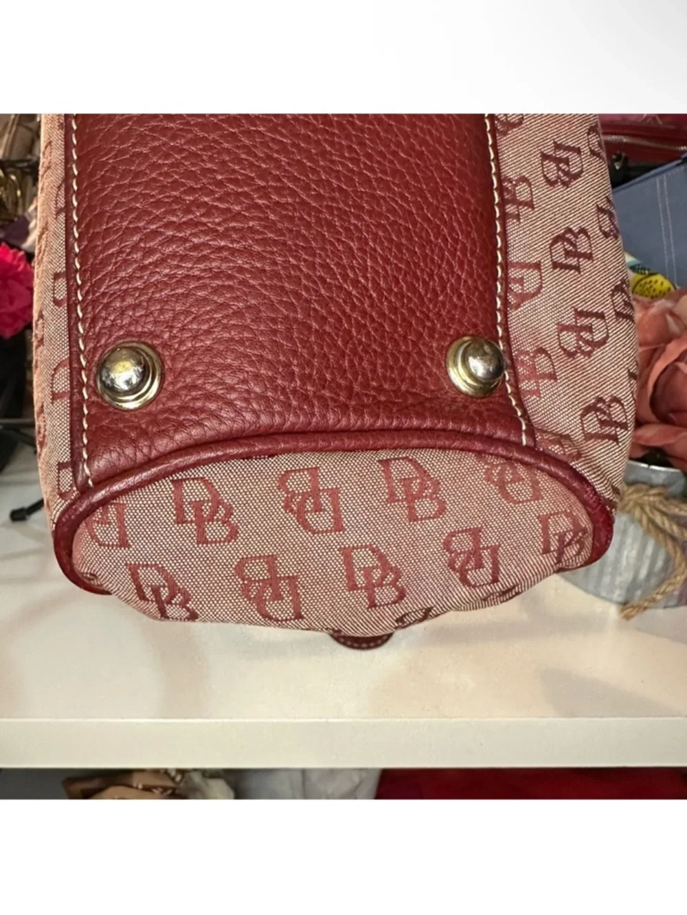 Dooney & Bourke Pink Monogram Satchel with Burgundy Trim